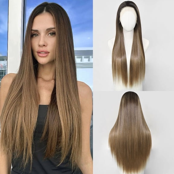 Long Straight Women Wig Balayage Brown Highlight Wig Lace Front Synthetic Wig Heat Resistant Natural Looking Hairline Wig for Women Daily Party Use 134 Inch 26 Inch