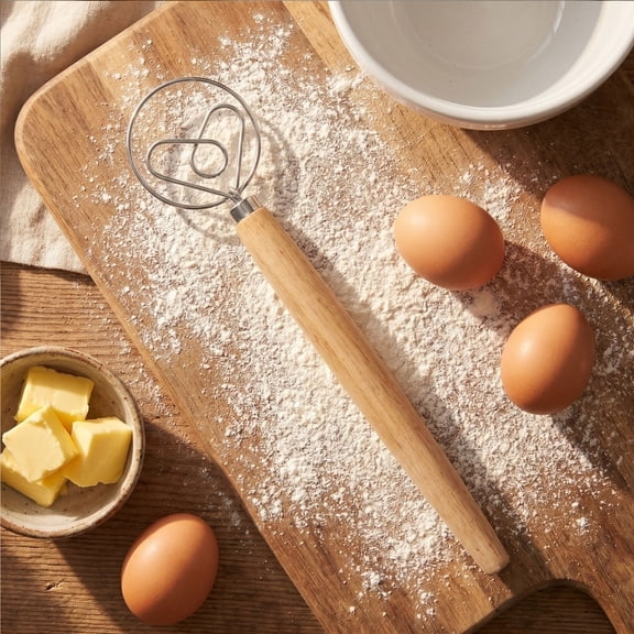 Long Style Heart Shaped Dough Beater Stainless Steel Bread Whisk With Wooden Handle Hand Mixer For Sourdough Pizza Cake Batter Kitchen Baking Tool Home Baking Accessory
