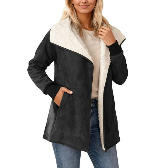 Long Suede Jacket Women Lined Coats Lapel Sherpa Jackets Color: Black Size: L
