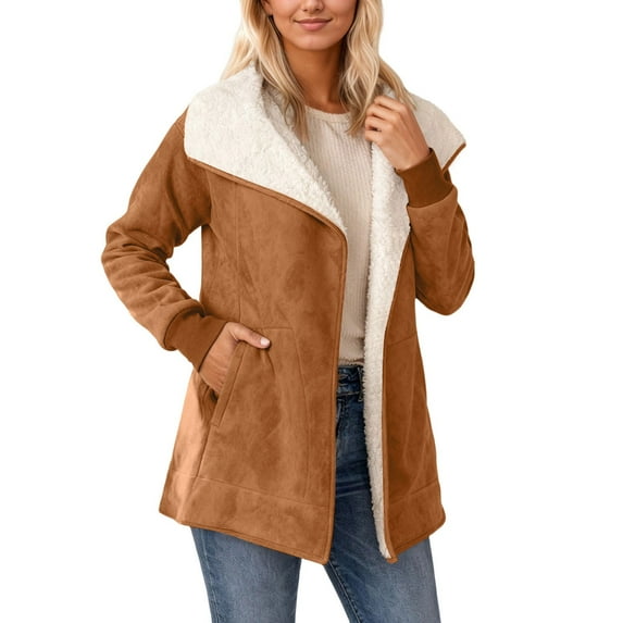 Long Suede Jacket Women Lined Coats Lapel Sherpa Jackets Color: Brown Size: M
