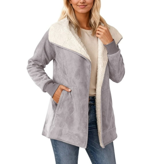 Long Suede Jacket Women Lined Coats Lapel Sherpa Jackets Color: Light Purple Size: L