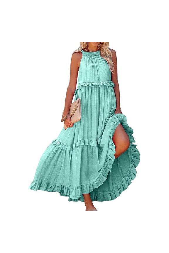 Long Summer Dresses for Women Sleeveless Halter Maxi Dress Flowy Ruffle Sundress (Light Blue M)