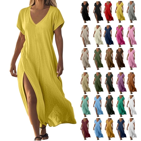 Long Sundresses for Womens Yellow Short Sleeved V Neck Cotton and Linen Solid Color Side Slit Dress With Pockets Tshirt Sundress M