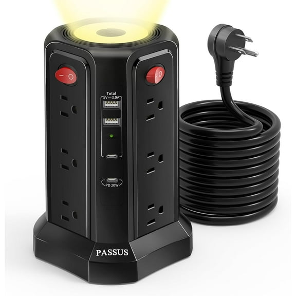 Long Surge Protector Power Strip 16 FT Cord, PD20W USB C Power Strip Tower with Night Light, Extension Cord with Multiple Outlets with 4 USB Ports, Charging Station Home Office Essentials Black