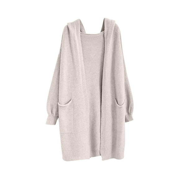 Long Sweater Cardigan for Women Hooded Open Front Long Sleeve Knit Sweater Outerwear with Pockets Beige Free Size