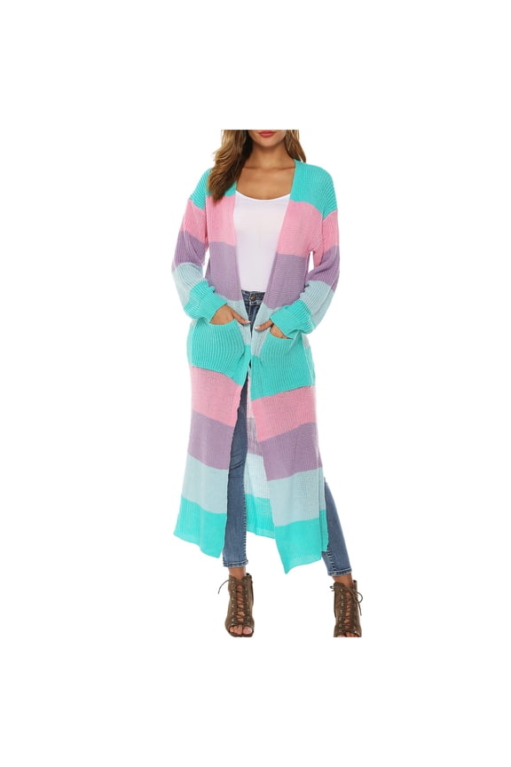 Long Sweater Cardigans Womens Fall Winter Casual Trendy Striped Jacket with Pockets Knitwear Outwear Coat (L, Blue)