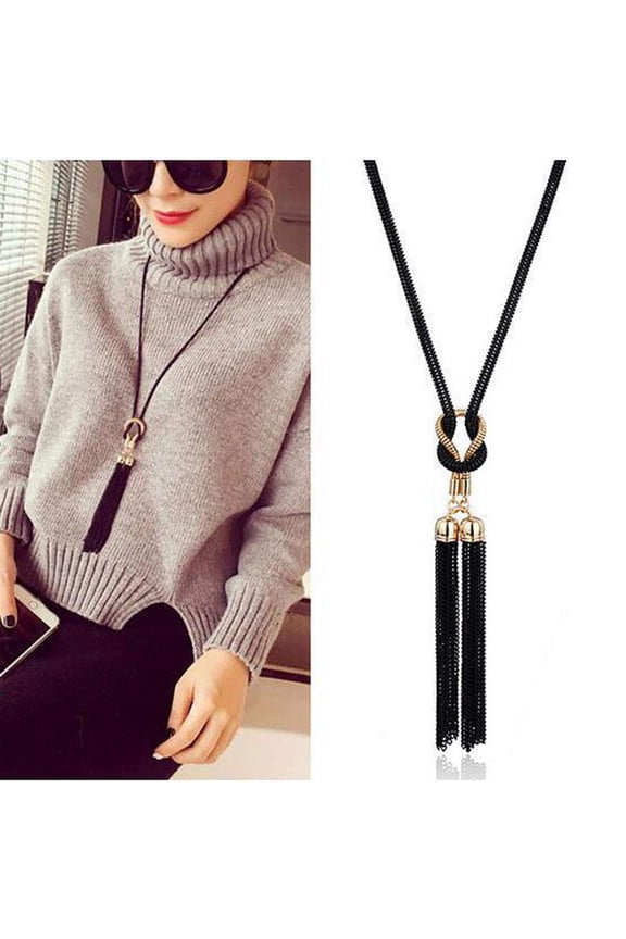 Long Sweater Necklace with Tassel - Fall Winter Layering Pendant Necklace, Bohemian Minimalist Long Chain for Women, Fashion Clothing Accessories (1 Pendant Necklace)