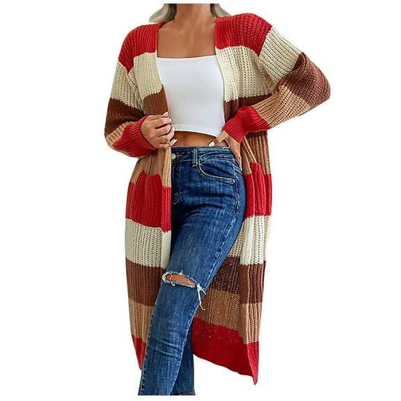 Long Sweaters Ladies Trendy Striped Colorblock Cardigan Sweater Coats Open Front Mid-length Outwear (Large, Multicolor)
