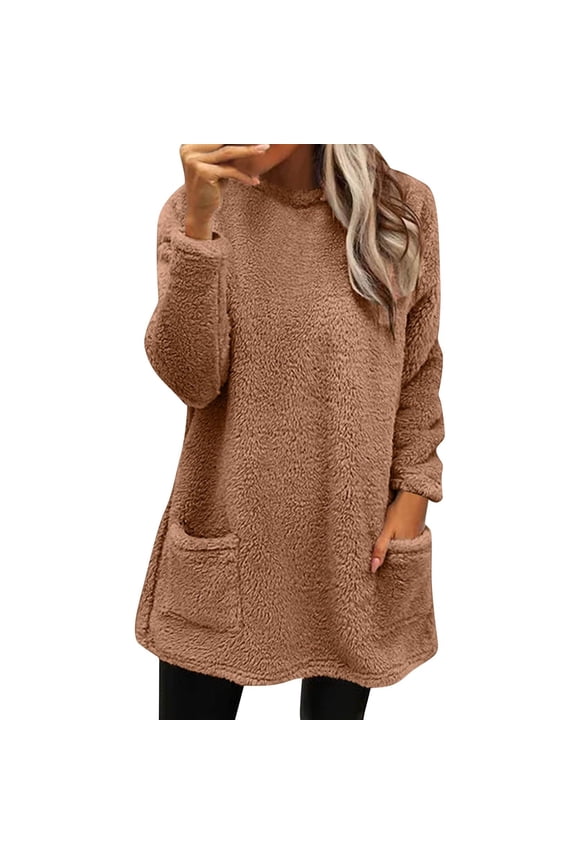 Long Sweaters for Women Cozy Fuzzy Sweater Fleece Sherpa Pullover Fall Crewneck Sweatshirt With Pocket Brown 3XL