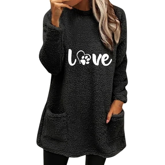 Long Sweatshirt for Women Warm Sherpa Lined Fleece Crew Neck Pullover Casual Love Dog Paw Printed Cute Dog Mom Tunic Tops