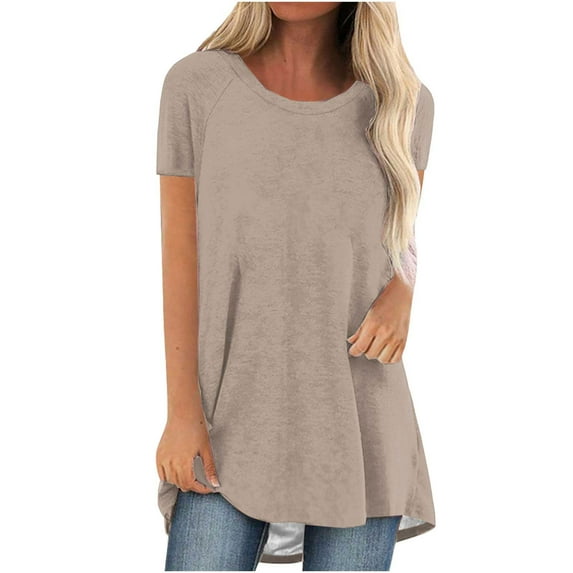 Long T Shirts for Women Oversized Round Neck Casual Solid Color T-Shirts Loose Comfy Flowy Longline Tunic Tops Ladies Short Sleeve Basic Tees Blouse Tunics Plus Size