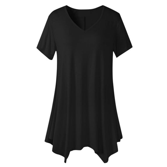 Long T-Shirts for Women Short Sleeve Shirt Long Length Tunic Tops Irregular Hem Baggy V-Neck Blouse Solid Elegant Floaty Loose Oversized Pullover Tops