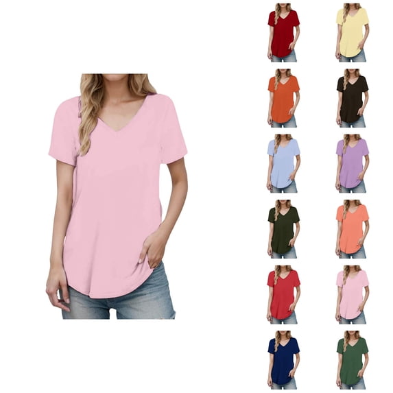 Long T Shirts for Women Short Sleeve Summer Tops V Neck Plain Loose Casual Blouse Tunic Tops Tee Shirt