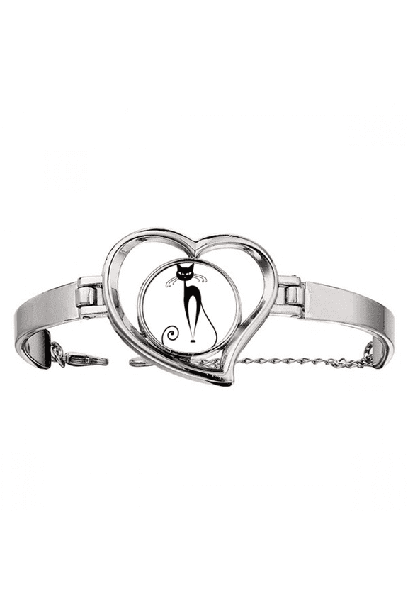 Long Tail Black Cat Animal Outline Bracelet Heart Jewelry Wire Bangle