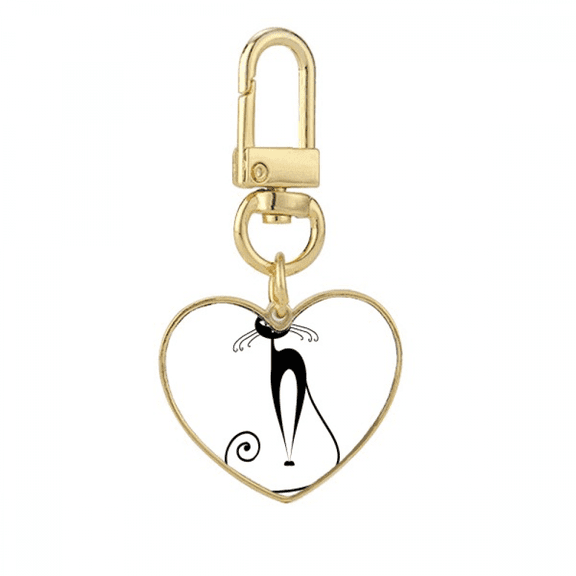 Long Tail Black Cat Animal Outline Gold Heart Keychain Metal Keyring Holder