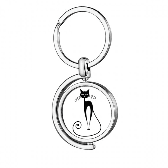 Long Tail Black Cat Animal Outline Rotating Keychain Metal Keyring Holder