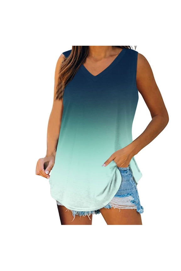 Long Tank Top for Women, Womens Vests Gradient Printed Tank Top Summer Oversized Vest Top Sleeveless V Neck T-Shirts Casual Loose Fit Blouses Longline Tunic Swing Cami Tops Size S-XXL
