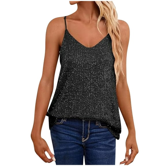 Long Tank Tops For Women Sevevn Ladies' Casual Solid Color Sequin Sleeveless V-neck Loose Suspender Top Workout Tank Tops For Women