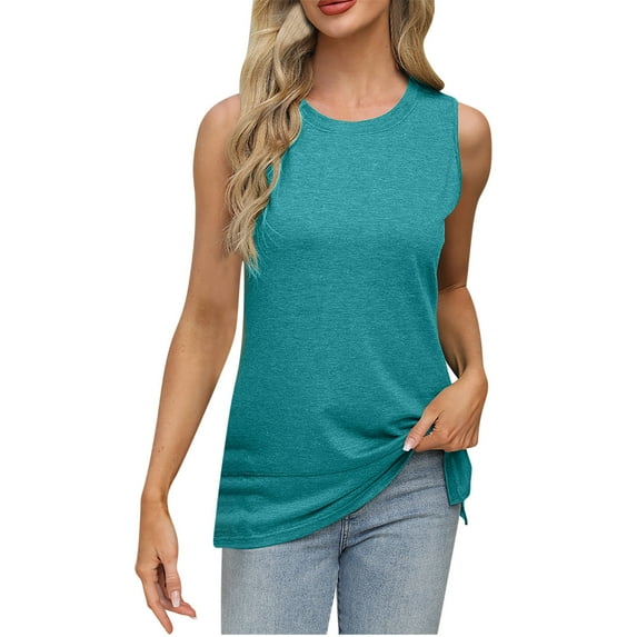 Long Tank Tops For Women Sevevn Ladies' Loose Casual Solid Color Round Neck Slit Sleeveless Top Spaghetti Strap Tank Top