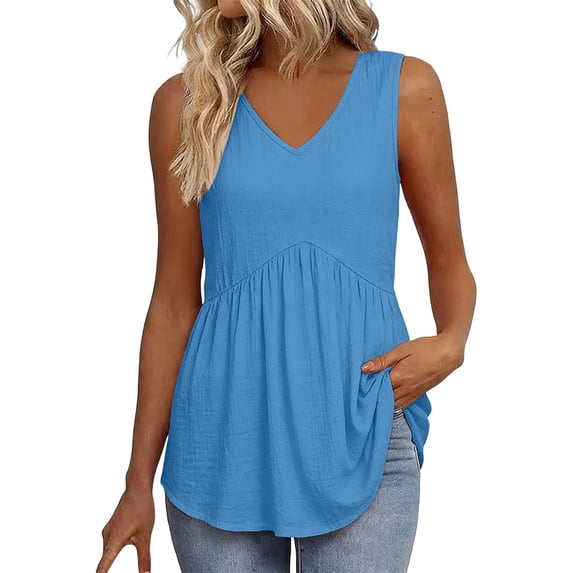 Long Tank Tops for Women Linen V Neck Pleated Sleeveless Strap Tops Summer Tops