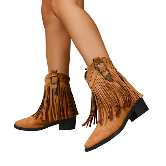 Long Tassel Cowgirl Boots for Women Suede Studded Pointed Toe Wide Mid Calf Cowgirl Riding Booties