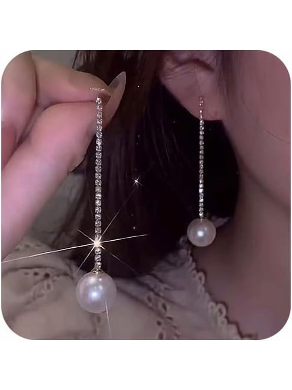 Long Dangle Earrings Dainty Rhinestone Tassel Earrings Pearl Drop Earrings Hypoallergenic Elegant Wedding Party Bridal Jewelry Gift for Women