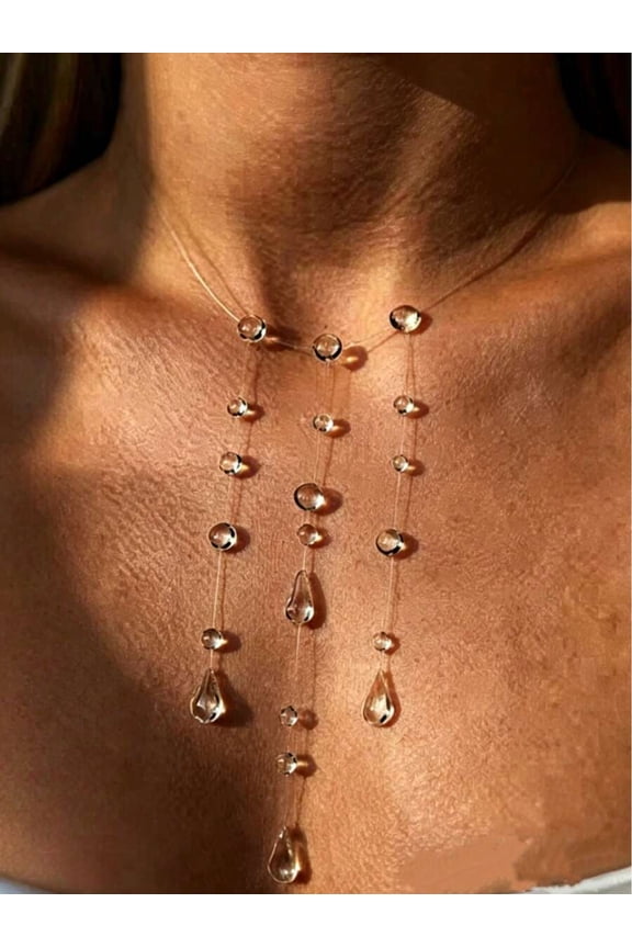 Long Tassels Transparent Water Drop Beaded Necklace With Invisible Thread, Minimalist Collarbone Floating Design