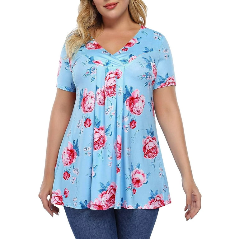 Long Tops for Leggings Christmas Tunics for Women plus Size Womens Summer  Fashion Top Plus Size Pleated Short Sleeve V Neck Loose Top Casual Tunic  Tee