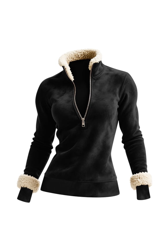 Long Tops for Women, Women's Vintage Western-Style Solid Color Half-Zip Long-Sleeve Stand-Up Collar Pullover Top with Fleece & Suede-Like Patchwork, Regular-Fit, Womens Casual Tops