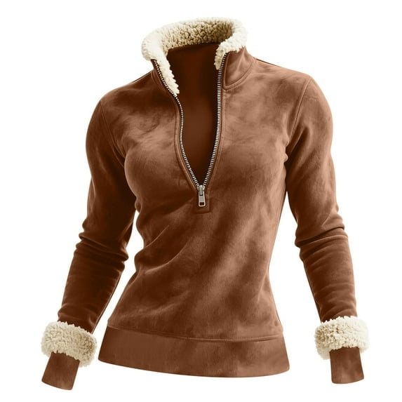 Long Tops for Women, Women's Vintage Western-Style Solid Color Half-Zip Long-Sleeve Stand-Up Collar Pullover Top with Fleece & Suede-Like Patchwork, Regular-Fit, Womens Casual Tops