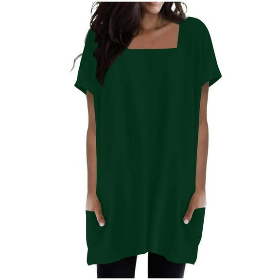 Long Tops for Women wear with Leggings Square Neck Short Sleeve Loose Fit Tunic Tee Shirt with Pockets (L, Army Green)