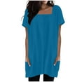 thumbnail image 1 of Long Tops for Women wear with Leggings Square Neck Short Sleeve Loose Fit Tunic Tee Shirt with Pockets (L, Blue), 1 of 7