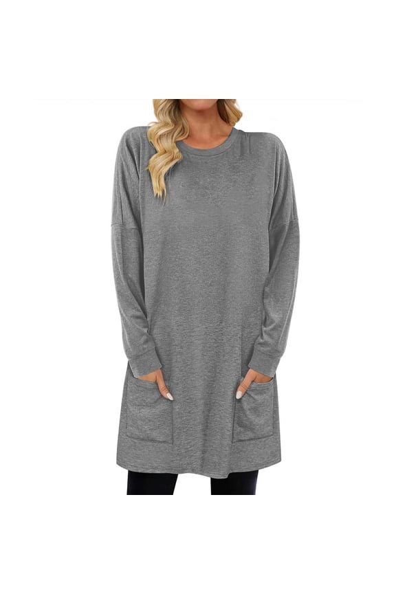 Long Tops for Women with Pockets Lightweight Sweatshirts Loose Crewneck Long Sleeve Tunic Tops for Leggings (3XL, Gray)