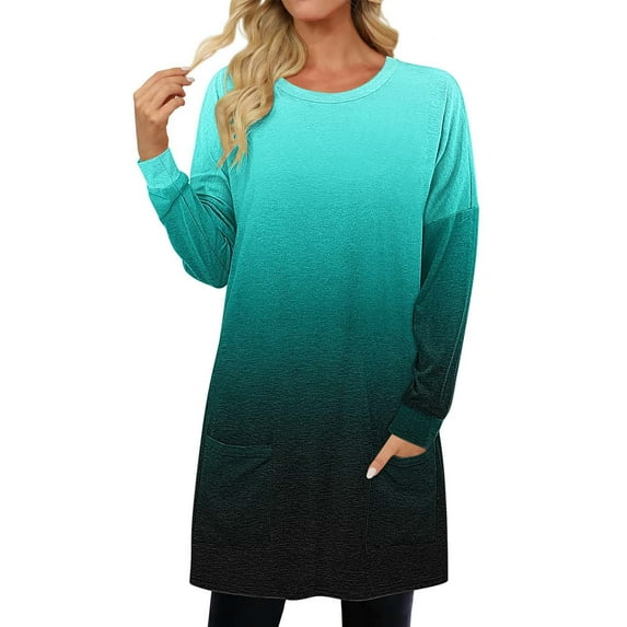 Long Tops for Women with Pockets Lightweight Sweatshirts Loose Crewneck Long Sleeve Tunic Tops for Leggings (3XL, Mint Green 01)
