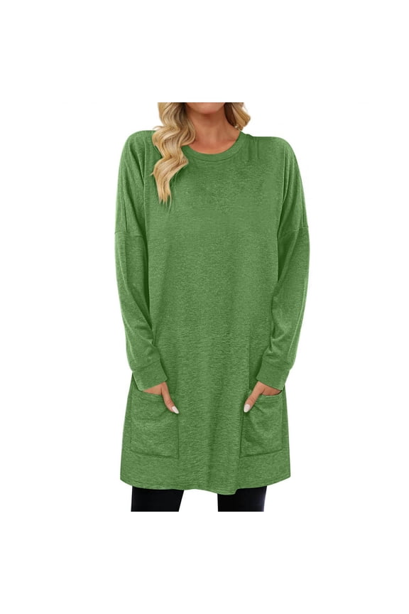 Long Tops for Women with Pockets Lightweight Sweatshirts Loose Crewneck Long Sleeve Tunic Tops for Leggings (S, Green 01)