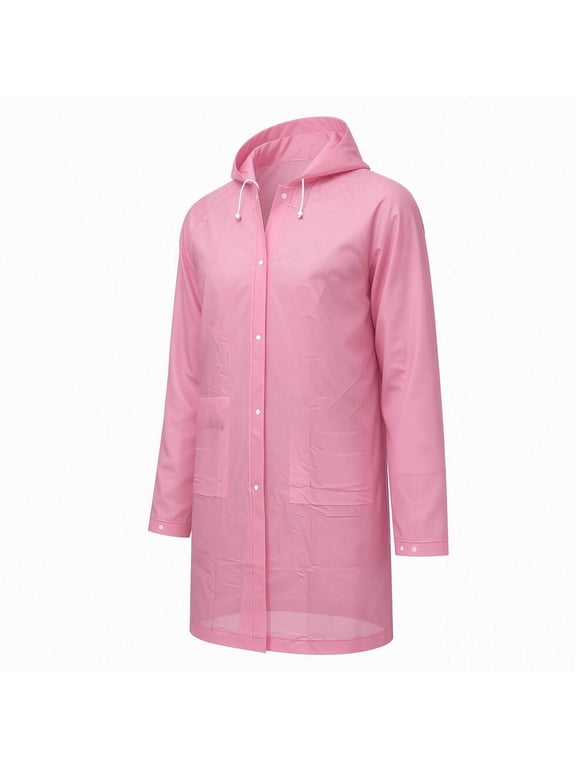 Long Transparent Raincoat for Women Hooded Snap Button Waterproof Lightweight Rain Jacket with Pockets Pink Free Size