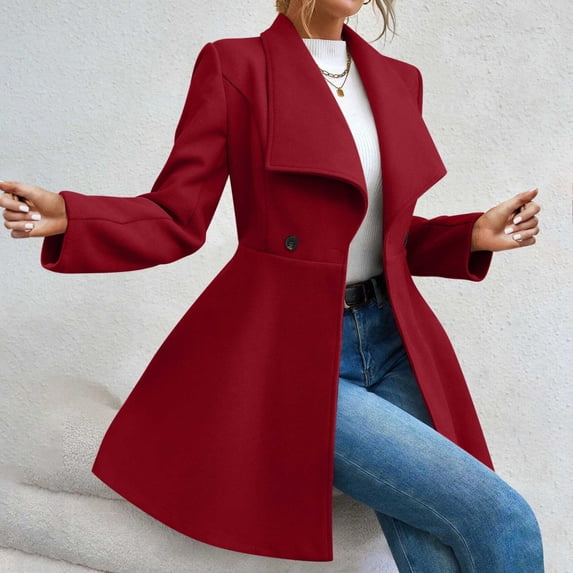 Long Trench Coat For Women Elegant Notched Collar Double Breasted Wool Blend Over Coat Long Sleeve Mid Winter Overcoat Work Office Pea Coats