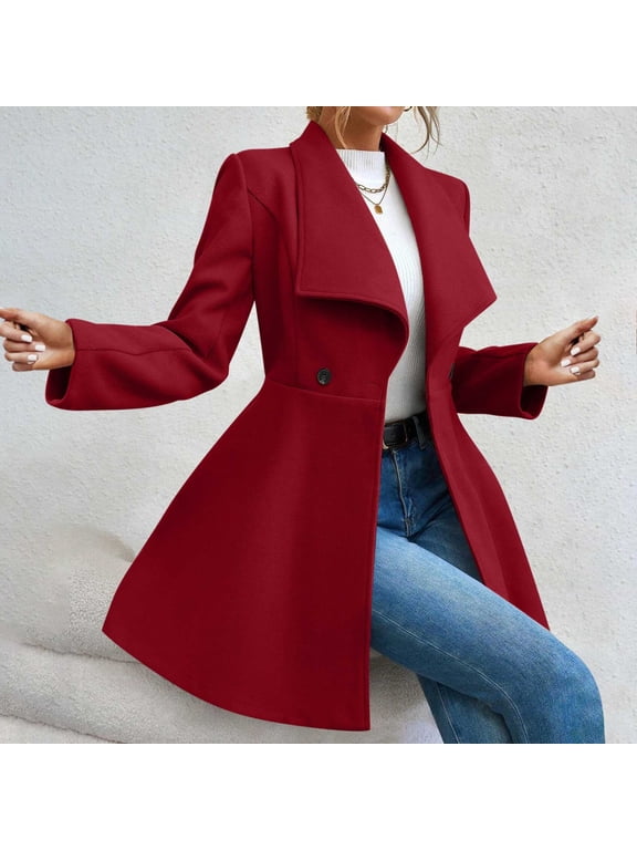 Long Trench Coat For Women Elegant Notched Collar Double Breasted Wool Blend Over Coat Long Sleeve Mid Winter Overcoat Work Office Pea Coats