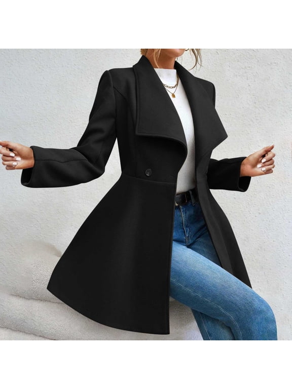 Long Trench Coat For Women Elegant Notched Collar Double Breasted Wool Blend Over Coat Long Sleeve Mid Winter Overcoat Work Office Pea Coats