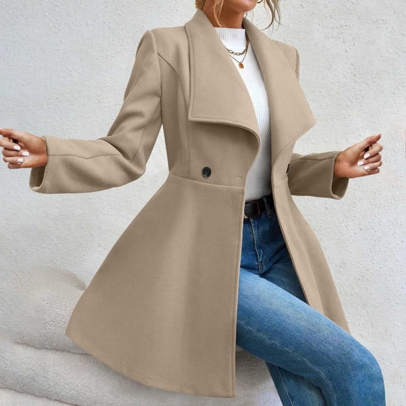 Long Trench Coat For Women Elegant Notched Collar Double Breasted Wool Blend Over Coat Long Sleeve Mid Winter Overcoat Work Office Pea Coats