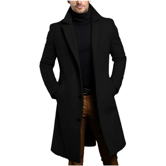 Long Trench Coat Mens Slim Fit Notched Lapel Single Breasted Pea Coat with Pocket Mid Length Winter Overcoat (M, Black)