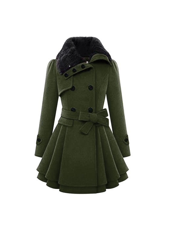 Long Trench Coat Women Dress Jackets Coats Double- Pea Coat with Bow Tie Belt Sherpa Lined Trench Coat for Women (Army Green XL)