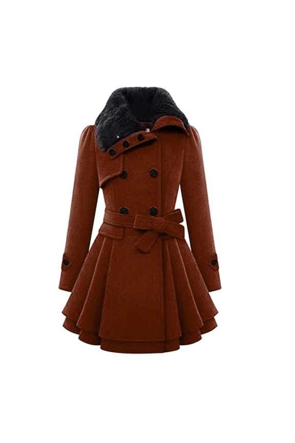 Long Trench Coat Women Dress Jackets Coats Double- Pea Coat with Bow Tie Belt Sherpa Lined Trench Coat for Women (Coffee XXXS)