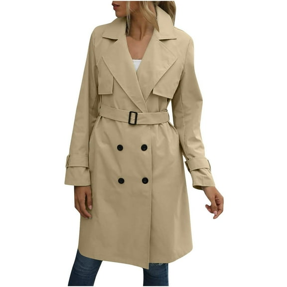 Long Trench Coat for Women, Yigetop Women's 2025 Fashion Double Breasted Long Trench Coat Windproof Classic Lapel Slim Overcoat with Belt Womens Trench Coat Khaki S