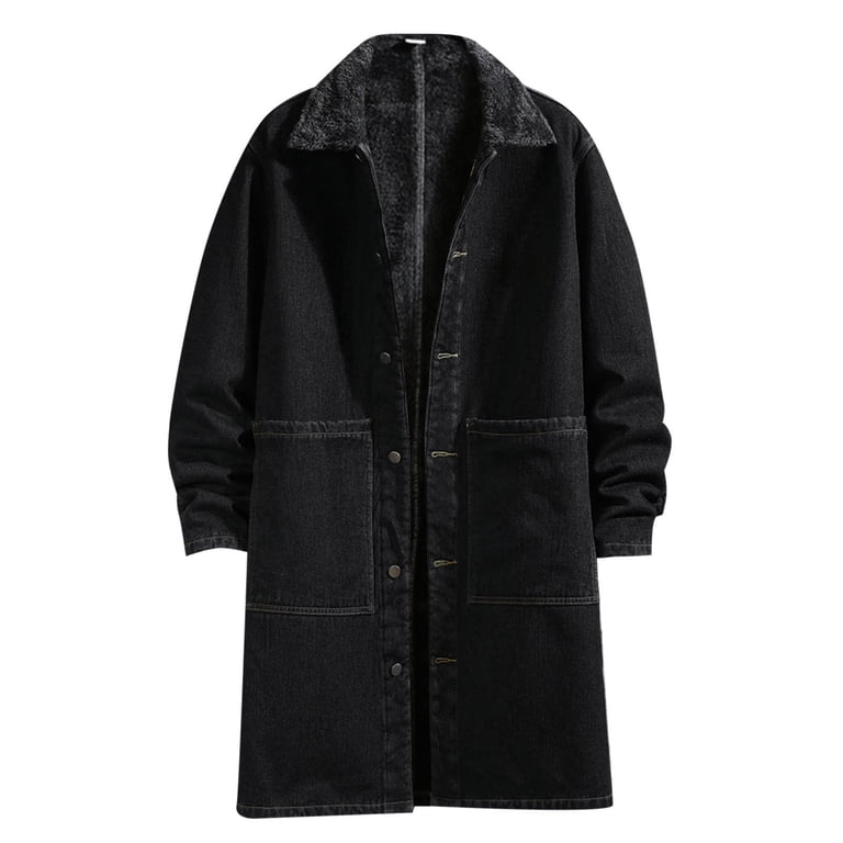 Long Trench Coat for Men Fall Winter Warm Thicken Denim Parka Plus