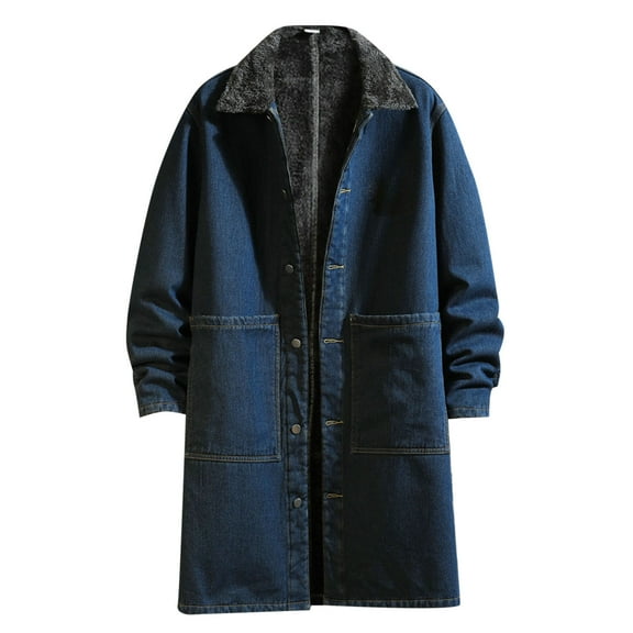 Long Trench Coat for Men Fall Winter Warm Thicken Denim Parka Plus Size Turn Down Collar Lined Jacket Overcoat Outerwear XL