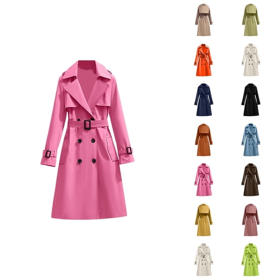 Long Trench Coat for Women 2025 Long Sleeve Double Notched Lapel Classic Overcoat with Belt Outerwear