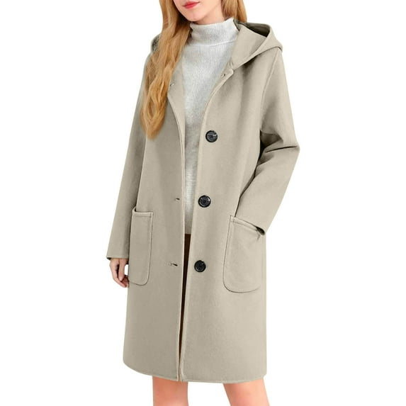 Long Trench Coat with Hood Womens Single Breasted Dressy Casual Wool Blend Peacoat Jacket Pockets Winter Overcoat (L, Beige)