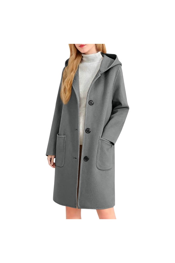 Long Trench Coat with Hood Womens Single Breasted Dressy Casual Wool Blend Peacoat Jacket Pockets Winter Overcoat (M, Gray)