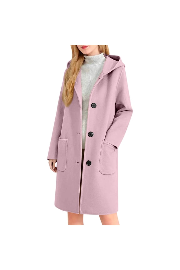 Long Trench Coat with Hood Womens Single Breasted Dressy Casual Wool Blend Peacoat Jacket Pockets Winter Overcoat (S, Pink)